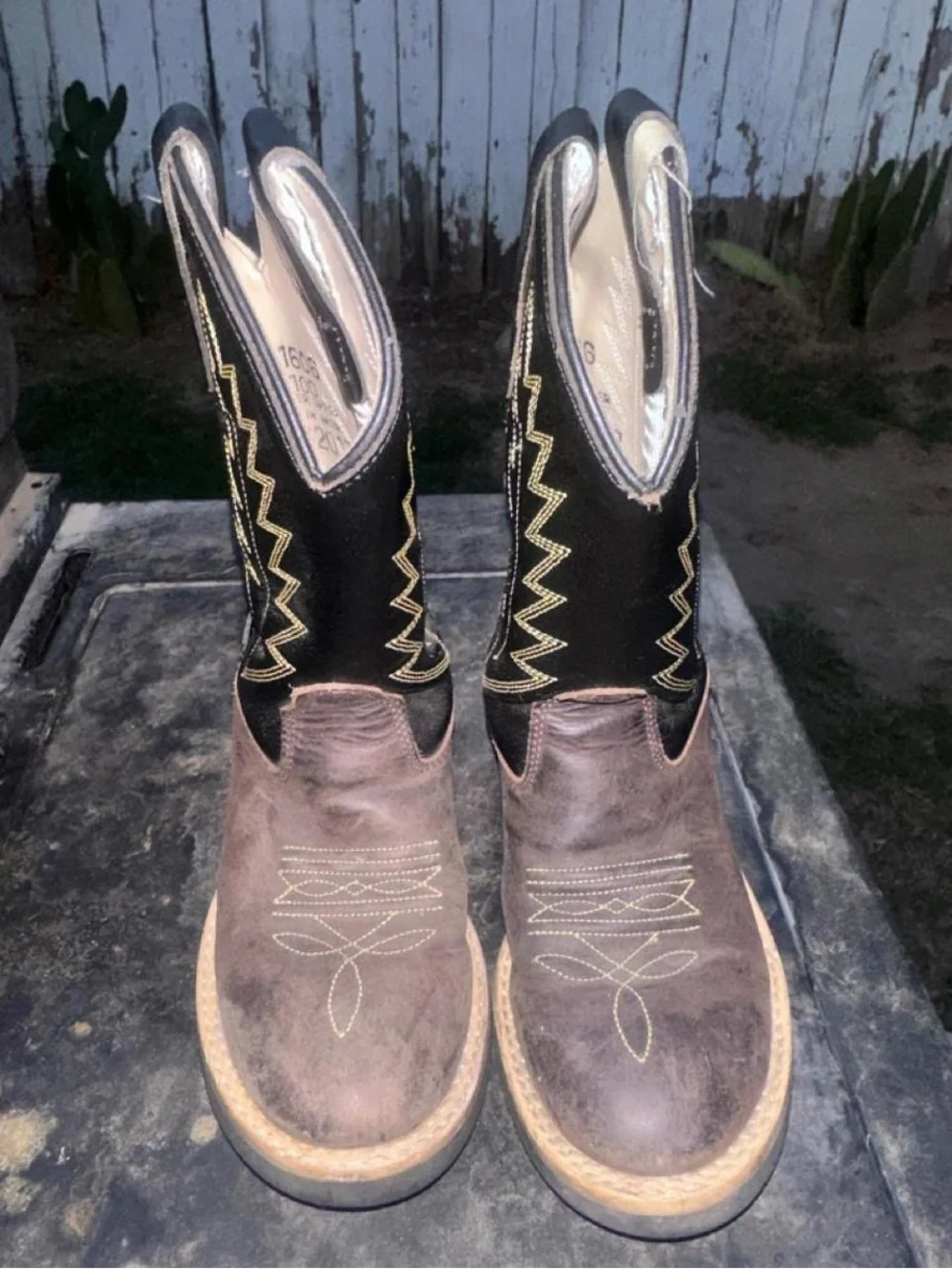 Kids Two-Tone Brown and Black Western Pull-On Cowboy Boots with Yellow Stitching